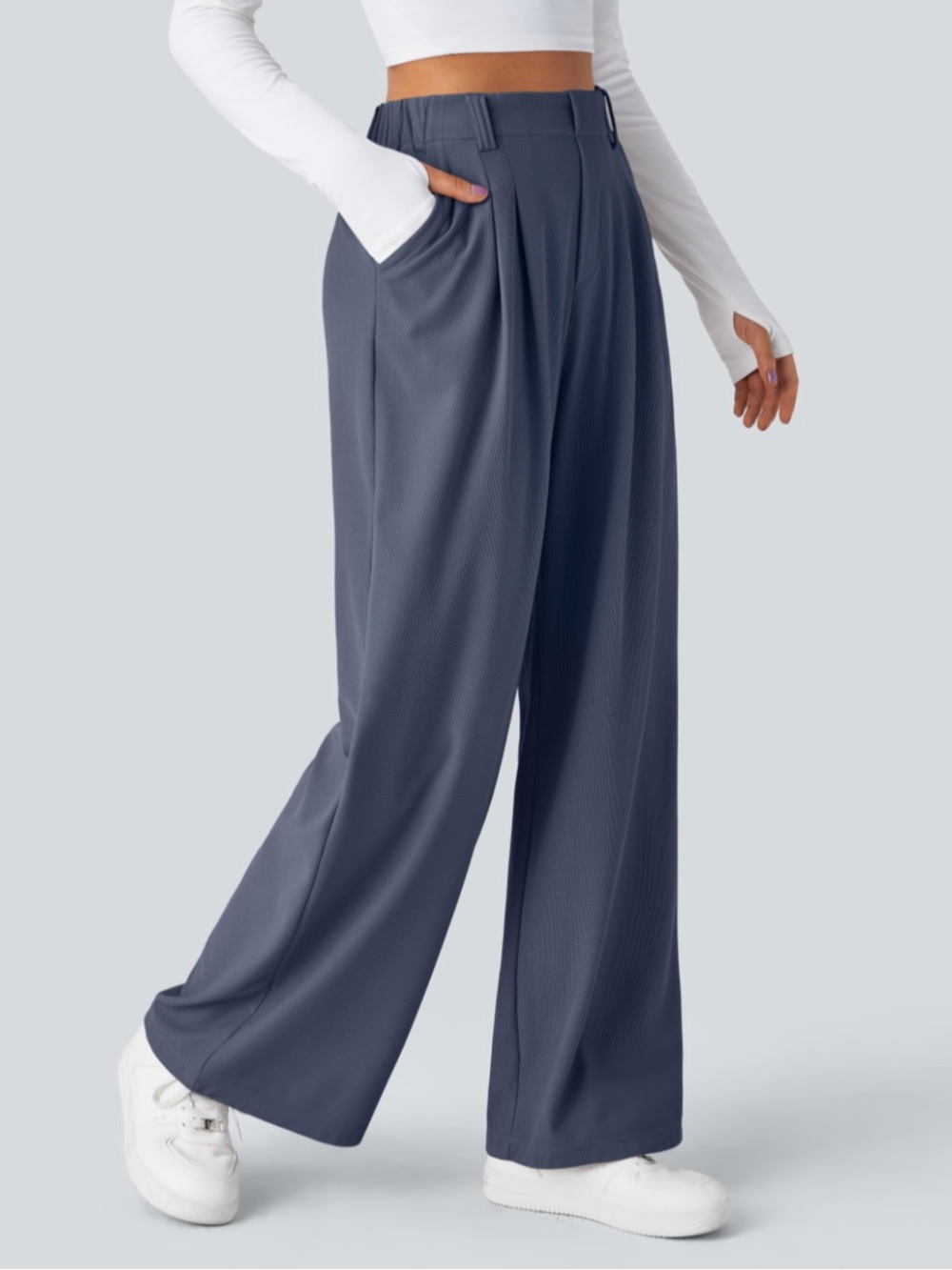 XL Petite — Wide Leg High-Waist Pants in Slate Blue — Stretchy
